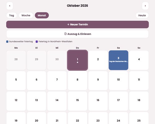 Studiobuch: Terminkalender in der Monatsansicht mit Feiertagen