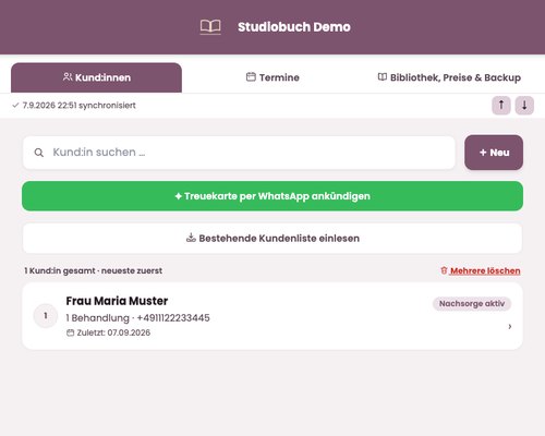Studiobuch: Kundenkartei mit Suchfeld und Kundenliste